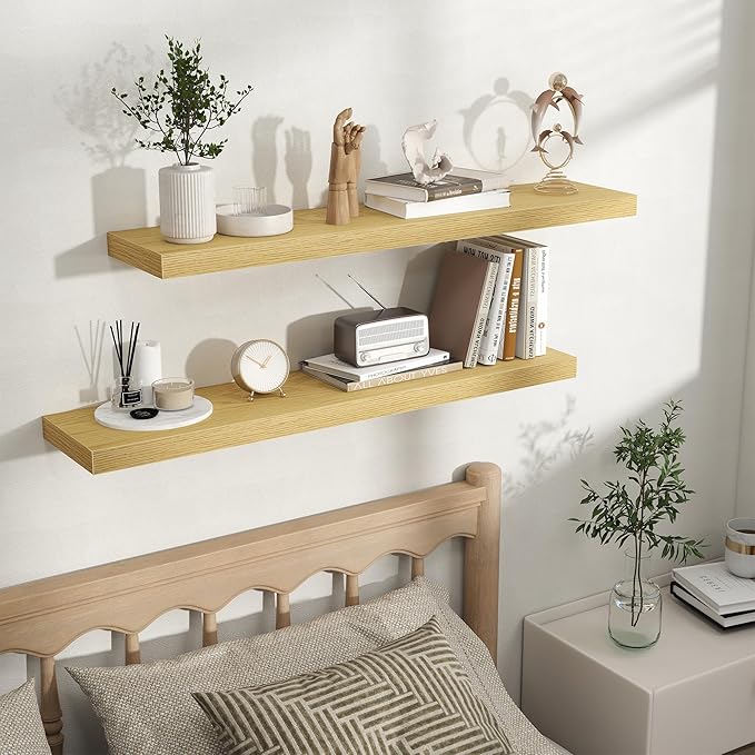 Fun Memories Rustic Wood Floating Shelves for Wall, Space-Saving Wall Mounted Shelves for Bathroom, Bedroom, Living Room and Kitchen, Stylish Storage & Display (Set of 2, Oak, 40 in)