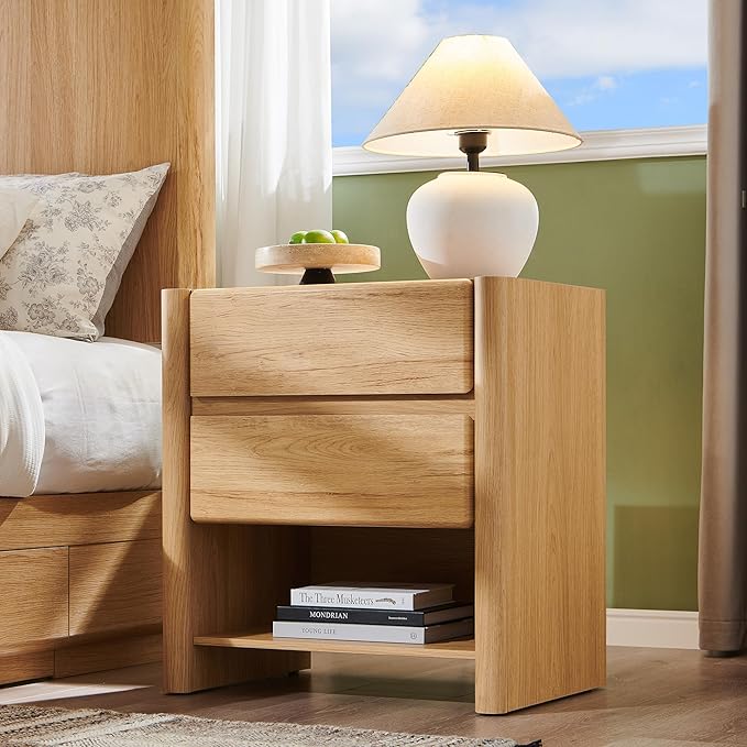 25" Tall Modern Nightstand with Charging Station, 23.6" W Nightstand with 2 Storage Drawers & Open Shelf, Wood Night Stand w/Rounded Corner Design for Bedroom, Living Room (Natural)