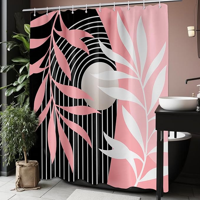Pink Shower Curtain Boho Mid Century Black and Pink Shower Curtains for Bathroom Decor, Waterproof Cloth Fabric with Hooks, 70" W x 84" L (Pack of 1)