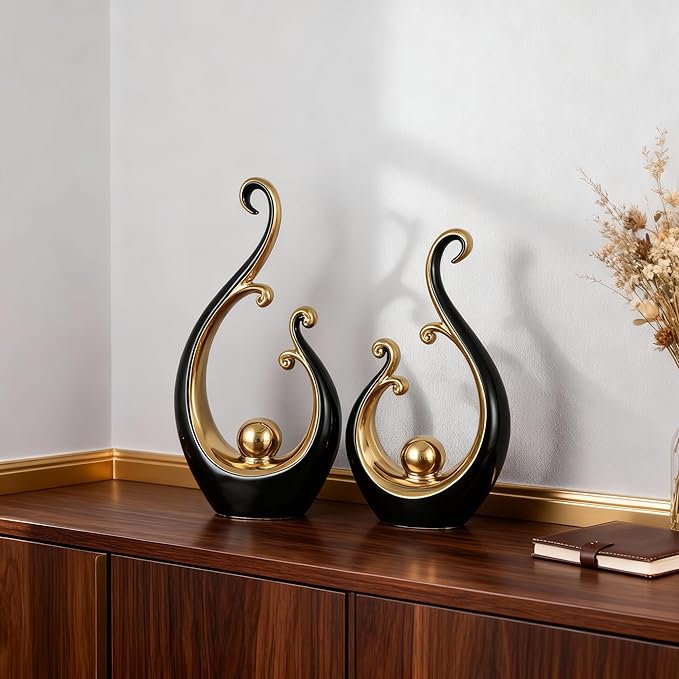 DOVDOV Black and Gold Home Decor, Abstract Ceramic 2-Piece Sculpture Set, Modern mid-Century Art Statues, Perfect for Accent Tables, countertops, Coffee Tables, and entryway Decor.