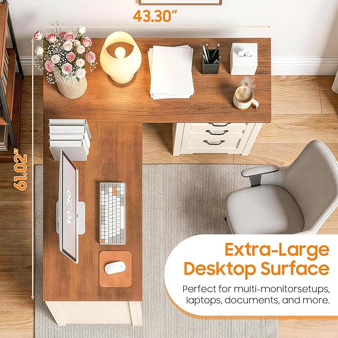 Vabches 61”Farmhouse L Shaped Executive Desk with File Drawers, Corner Computer Desk with Mobile CPU Stand, Wood Writing Computer Desk for Work, Study.Unique White