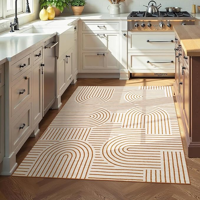 Washable Rug 3x5 Area Rugs for Living Room, Abstract Rug for Bedroom, Soft Rainbow Non Slip Throw Rugs with Rubber Back, Low Pile Stain Resistant Boho Geometric Carpet for Dining Room, Orange