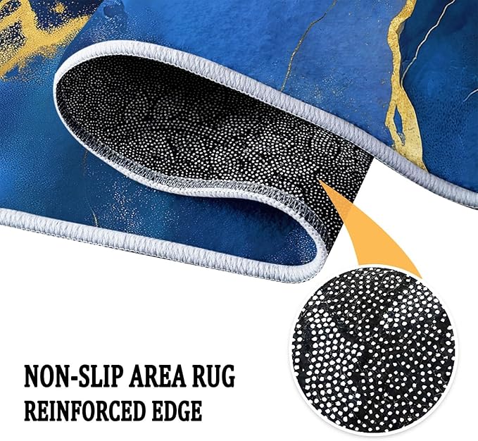 Blue 5 x 6 ft Area Rug for Living Room, Washable Abstract Marble Gold Texture Low-Pile Carpet for Bedroom Kitchen Carpet, Indoor Non-Slip Rug for Dining Room Bathroom Door Mat