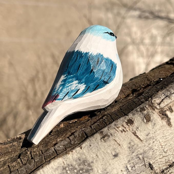 H&Zebrabro Hand Carved Bird Figurines, Hand-Painted Sculpted Wooden Birds, Wood Bird Sculptures for Home Decoration, Hand Crafted Life Like Bird Statues, Ideal Gifts for Bird Lovers (Azure Tit)