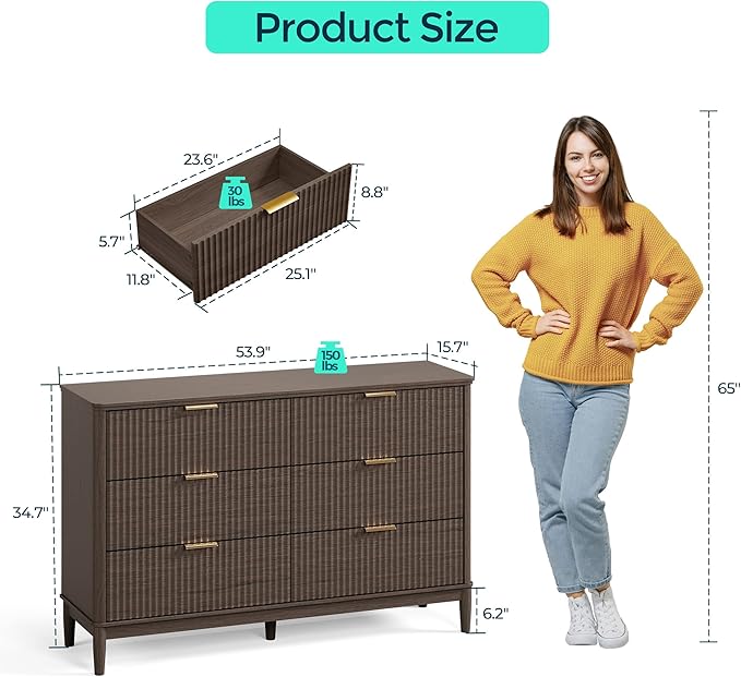 LINSY Fluted 6 Drawer Dresser for Bedroom, 54" Wide Mid-Century Modern Tall Chest of Drawers, Curved Corner Design, Storage Dressers with Deep Drawers, Large Accent Wood Cabinet for Bedroom, Walnut