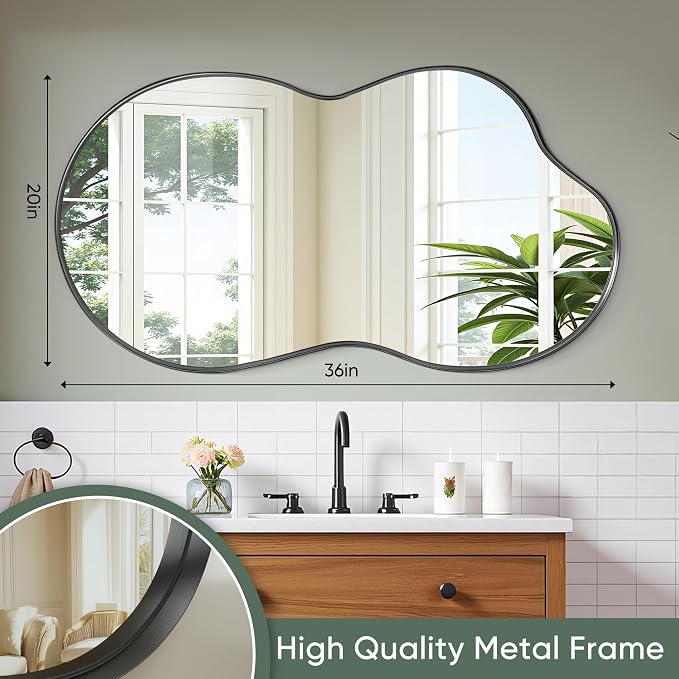 Suidia Irregular Wall Mirror, 36"x20" Bathroom Mirror Asymmetrical Mirrors Artistic Mirrors Decorative for Living Room Bedroom Bathroom Hallway Entryway, Black, Cloud Style