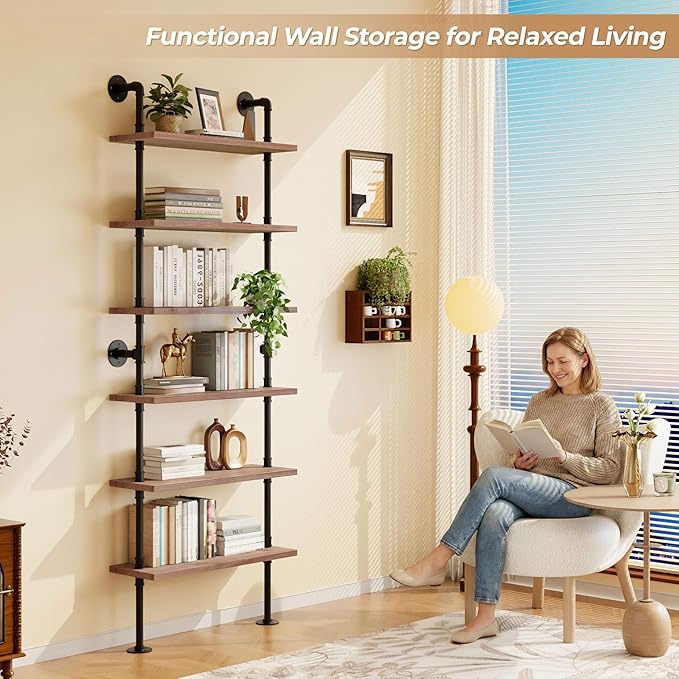Pipe Industrial Shelves, Wall Mounted Wood Metal Ladder Rustic Bookshelf (Weathered Brown, 6 Tier - 10" D x 30" W x 82.5" H)