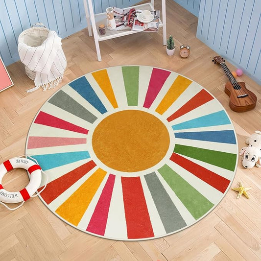 STARUIA Small Round Rug 4 Ft Washable Round Rug for Kids Room, Colorful Sun Circle Rug for Playroom, Non-Slip Circular Office Carpet Soft Rainbow Rug for Bedroom Reading Corner Dorm