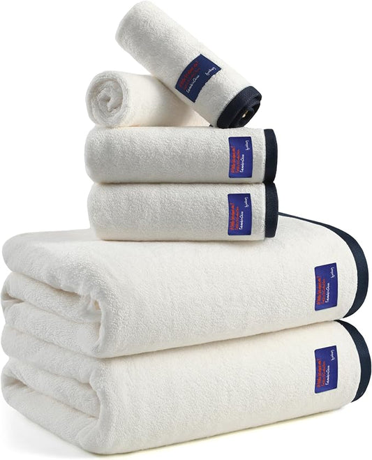 REDKISS 6 Piece Bath Towel Set, 100% Cotton, Soft Absorbent 600 GSM | Includes 2 Bath Towels, 2 Hand Towels & 2 Washcloths | Quick Dry | Contrast Border Design | Bathroom | Guest Bath & Apartment