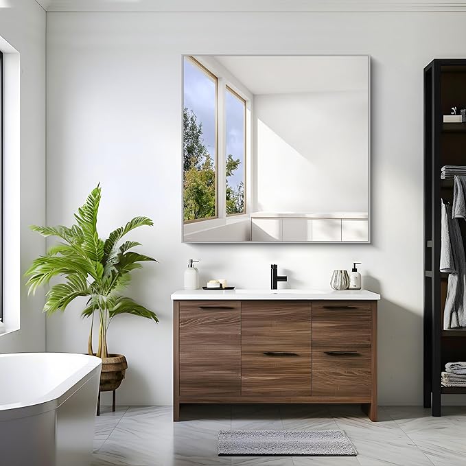 KOCUUY Silver Mirror, 42"x42" Square Bathroom Mirror for Wall, HD Tempered Glass, Anti-Rust Frame, Modern Design for Bathroom, Bedroom, Living Room, Entryway