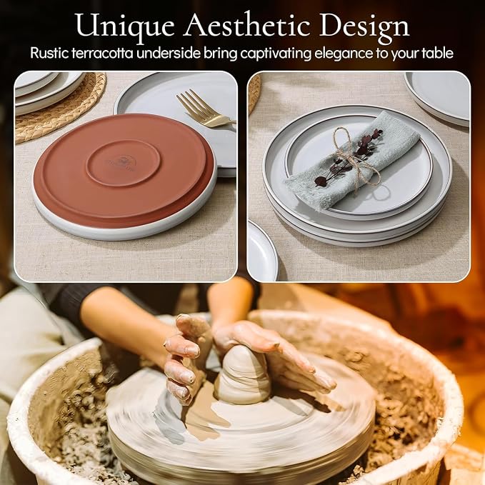 E-far Stoneware Dinnerware Sets for 2, 6 Pieces Reactive Glaze Plates and Bowls Sets, Elegant Dishes with Rustic Terracotta Base, Dishwasher & Microwave Safe, Scratch Resistant, Glacier White