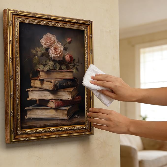 Vintage Gold Framed Retro Floral Books Wall Art Flowers Book Wall Decor Rose and Books Painting Pictures Retro Literary Pictures Artwork for study Gallery Living Room Bedroom 16X24in
