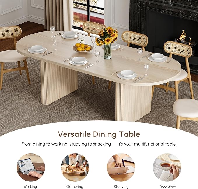 homary Oval Extendable Dining Table 79"–94", Japandi Wooden Dining Table for 6–10, Solid Wood Kitchen & Dining Room Table with Double Pedestal Base (Table Only)