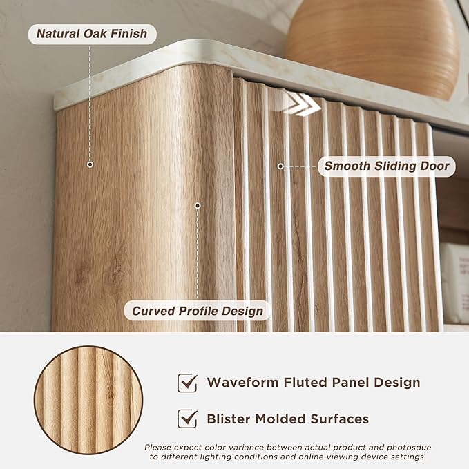 RedLemon Bathroom Wall Cabinet w/Fluted Sliding Door, Modern Medicine Cabinet w/Faux Marble Top & Adjustable Shelf, Curved Profile Wall Mounted Storage Organizer, Natural Oak Color