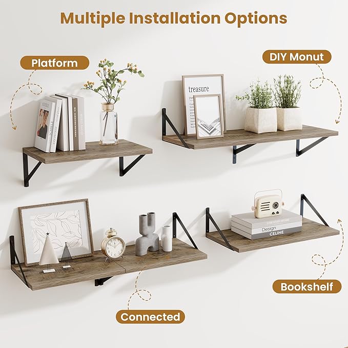 48inch Floating Shelves for Wall,10" Deep Floating Shelves with Metal Brackets,Wall Mounted Hanging Floating Shelf,Wide Display Shelves for Living Room,Bedroom,Office,Kitchen,Grey