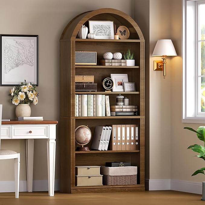 RALGEND Arched Bookshelf Set of 2, 75.8" Tall Arch Bookcase with Storage, 6-Tier Farmhouse Book Shelf, Arched Cabinet, Wooden Bookshelf with Open Display Shelves, Adjustable Shelf, Office, Walnut