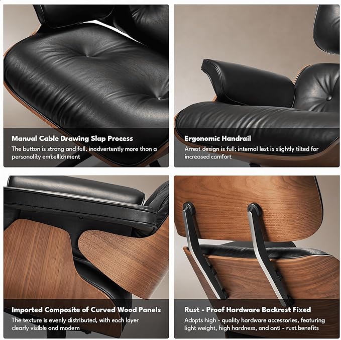 Black PU Leather, Mid Century Chaise Lounge Chair and Ottoman, Leather Accent Chair, Modern Reading Chair, Classic Design, Heavy Duty Base Support for Living Room Lounge Office, Palisander