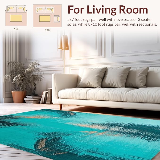 Flatwoven High Traffic Area Rug 8x10, Verdigris Patina Abstract Swirls and Brushstrokes, Non Slip, Stain Resistant, Washable Area Rugs for Living Room, Bedroom (Teal, 8x10)