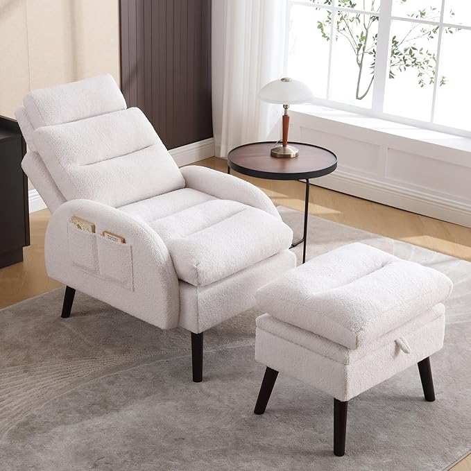 HCHAIRH Accent Chair with Ottoman Set, Comfy Reading Chair and Ottoman, Modern Oversized Lounge Armchair with Adjustable Backrest for Living Room Bedroom, Teddy White