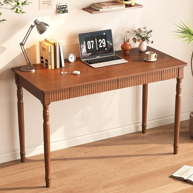 100% Solid Wood Desk with Drawers - 47.2” x 21.7” Mid Century Modern Desks, Vintage Writing Desk with Drawers, Simple Work Study Table, Home Office Computer Desks for Any Room - Walnut Color