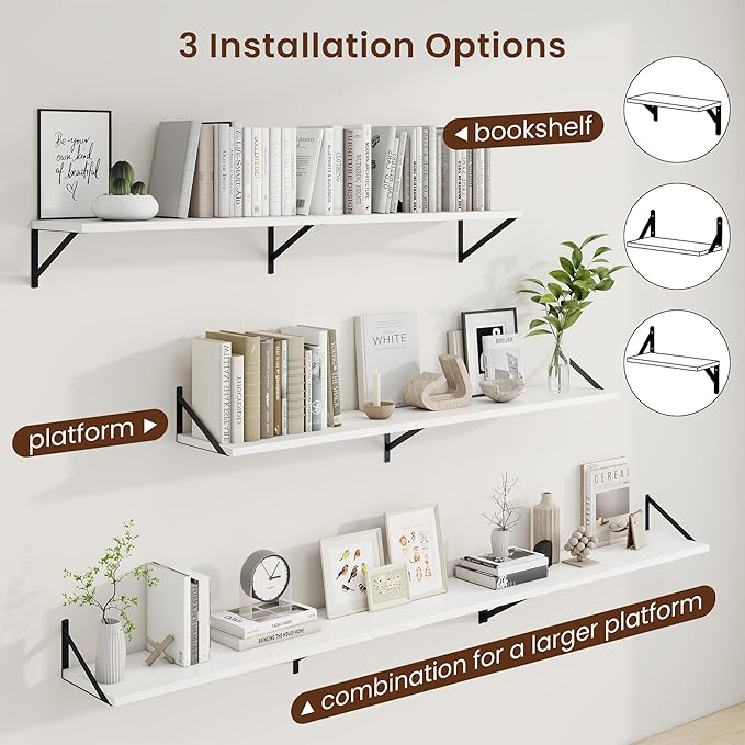 Axeman Deep Floating Shelves | 55 Inch White Wall Shelves Set of 2 | 10 Inch Deep Wood Floating Shelves for Wall | 55" W x 10" D White Shelves for Living Room Bathroom Kitchen