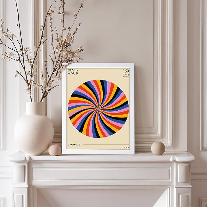 Poster Master Bauhaus Poster - Spiral Colors Print - Geometric ART - Abstract ART - Psychedelic Style - Chic Boho - Mid Century Modern - Living Room or Bedroom Decor - 8x10 White Framed