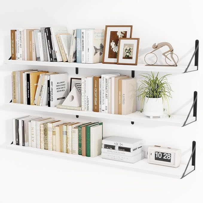 Heimlove Floating Book Shelves for Wall,47.2 Inches Long Wall Mounted Bookshelves,Heavy Duty Bracket Shelves for Living Room Kitchen,Laundry Room Storage & Decor,Set of 3,White