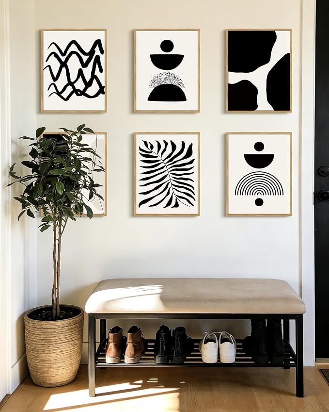 Drsoum Abstract Boho Wall Art Minimalist Geometric Framed Boho Room Decor Black Line Art Mid Century Modern Prints Bohemian Living Room Bedroom Ready to Hang 11x14inx6pcs (Natural Framed)