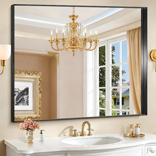 CIRCUMI Black Bathroom Mirror, 40"x48" Rectangular Mirror with Deep Metal Frame, Brushed Finish, Tempered Glass, Large Mirror for Wall, Over 2 Sinks, Installed Vertically/Horizontally, Crystal-Clear