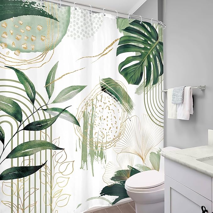 Sage Green Boho Shower Curtain 72Wx78H Mid Century Modern Tropical Palm Leaves Plant Abstract Bohemian Geometric Arch Bathroom Decor Botanical Bath Curtain Fabric Polyester 12 Pack Hooks