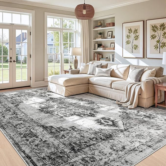 Area Rug 9x12 Vintage Rugs: Large Washable Indoor Medallion Rug Low Pile Distressed Floor Carpet Retro Accent Rugs for Living Room Bedroom Kitchen Dining Table Home Office(Black, 9'x12')