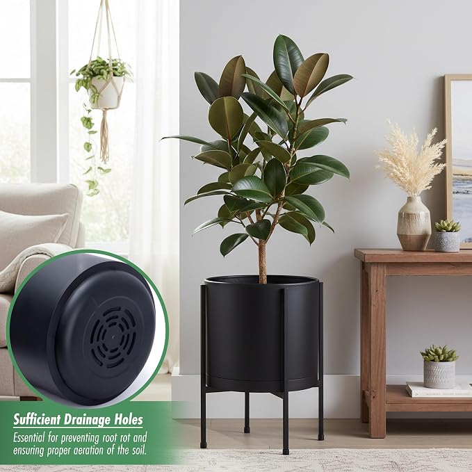 D'vine Dev 10 Inch Black Planter Pot with Stand – Modern Plastic Cylinder Flower Pot with Heavy-Duty Metal Stand for Indoor Plants, 55-D-B-2