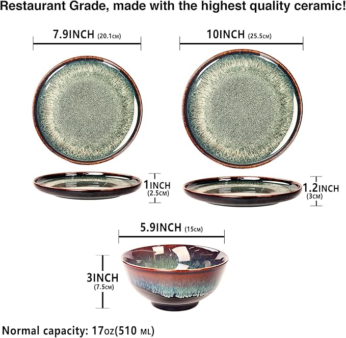 Dinner Set 12 Pieces - Round Reactive Glaze Tableware - Kitchen Dinnerware Porcelain Crockery with Dinner Plate, Bowl and Soup Plate Service for 4, Microwave Dishwasher Safe, Set (No.1)