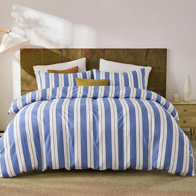 Merryword Blue and White Striped Duvet Cover Set King Size 100% Cotton Bedding Set with Modern Coastal Style Soft Breathable Linen Like Bedding Set 3 Pieces