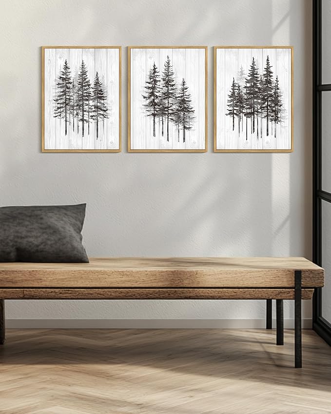 KUVIOKE Woodcut Pine Tree Framed Wall Art Nature Abstract Forest Wall Decor Rustic Minimalist Painting for Bedroom Dining Room 12x16in (Natural Framed)