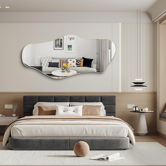 Large Irregular Mirror, 63"x29" Asymmetrical Full Length Mirror with Gold Metal Frame, Unique Shaped Abstract Wall Mirrors for Living Room Dressing Bathroom Bedroom Hallway Entryway