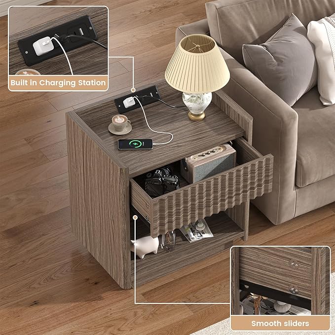 Bigbiglife Fluted Nightstand with Charging Station, 22" Modern Side Table with Drawer End Table with Open Storage, Bedside Table for Bedroom, Living Room, Natural Oak (1, Dark Walnut)