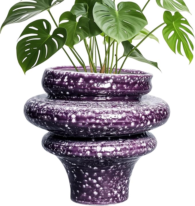 Ceramic Plant Pots - 11 Inch Ceramic Planters for Indoor Outdoor Plants, Large Unique Flower Pots with Drainage Hole, Decorative Planters, Home Decor, Plants Lover Gifts, Purple