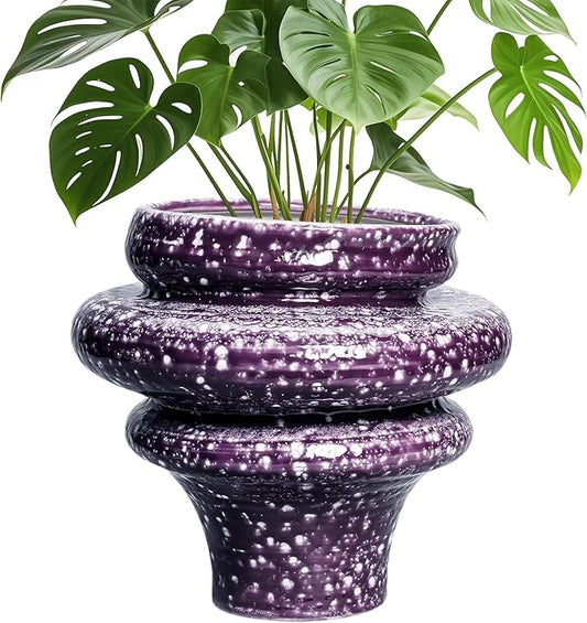 Ceramic Plant Pots - 11 Inch Ceramic Planters for Indoor Outdoor Plants, Large Unique Flower Pots with Drainage Hole, Decorative Planters, Home Decor, Plants Lover Gifts, Purple