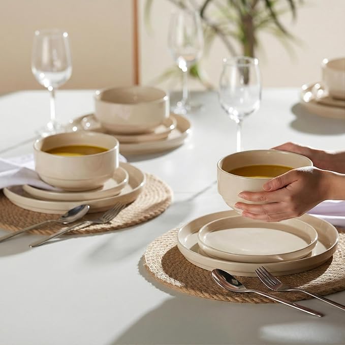 Vase and Vessel Ceramic Dinnerware Set, 12-Piece Service for 4, Soup Bowls (25 oz), Salad Plates (7.5"), Dinner Plates (10"), Round, Microwave and Dishwasher Safe, Sand, Cambridge Classics