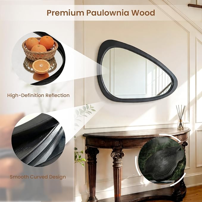 30" x 20" Asymmetrical Wall Mirror with Black Wood Frame, Irregular Wall Mirror for Bedroom Entryway Living Room, HD Tempered Glass, Horizontal or Vertical Hanging