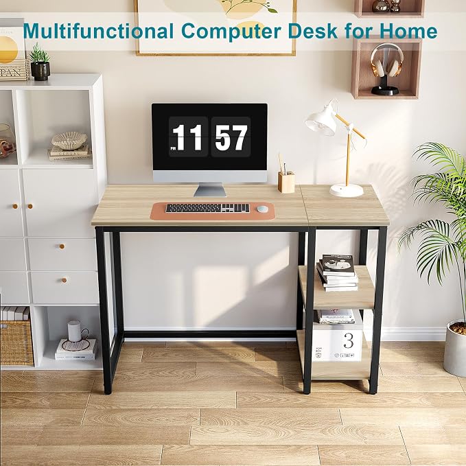 SINPAID 40'' Oak Computer Desk with Shelves, Sturdy Light Wood Desks with Storage Space, Modern Gaming Desk Study Writing Laptop Table, Beige