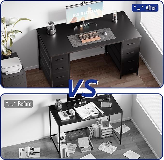 Pamray 47 Inch Computer Desk with 8 Fabric Drawers PC Gaming Desk Home Office Study Work Writing Table for Bedroom Orange