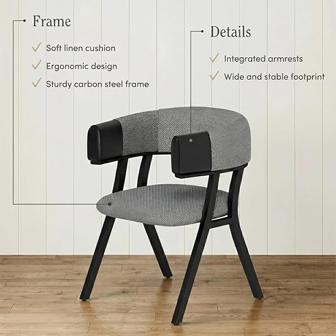 Upholstered Kitchen & Dining Room Table Chairs Set of 2, Metal Modern Dining Room Chair with Armrests, Curved Backrest, Linen Fabric for Living Room, Office, Vanity, Sturdy Metal Legs, Gray