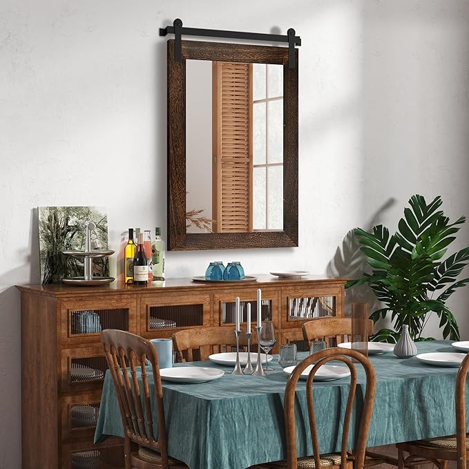 COGOOD Farmhouse Barn Door Mirror - 25 x 38 Rustic Bathroom Mirror for Living Room, Entryway, Vanity Wall Decor (Black Brown)