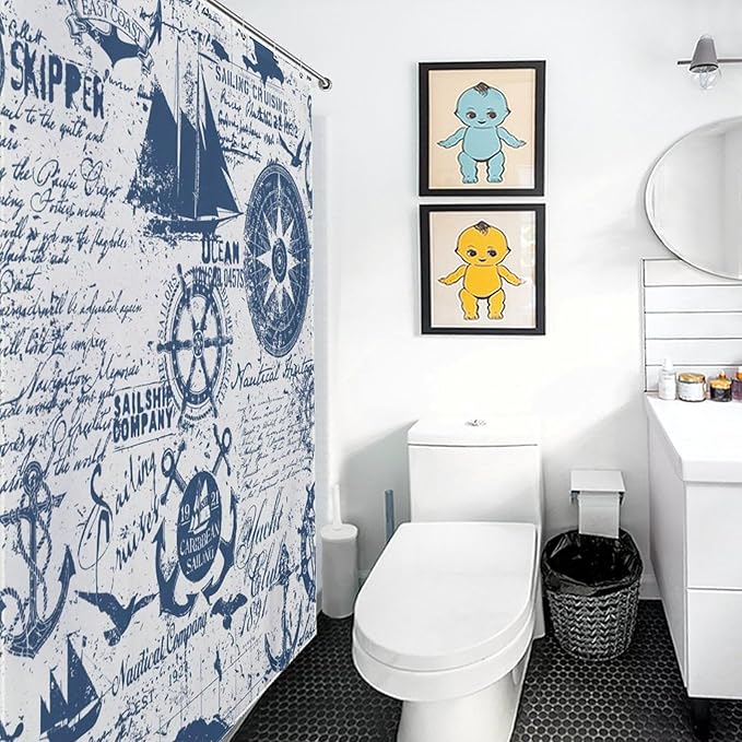 Nautical Map Shower Curtain,Lighthouse Sailboat Compass Anchor Coastal Shower Curtain for Bathroom Polyester Fabric Ocean Themed Bathroom Decor Set with Hooks,72x84Inch
