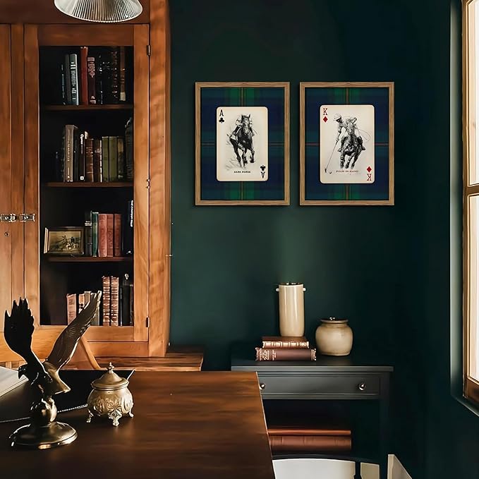 Framed Vintage Playing Card Wall Art Set of 2, Classic Polo Rider and Race Horse Canvas Prints, Retro Equestrian Sketch Poster, Old-Money Sports Wall Decor for Study Home Office Game Room 16x24in