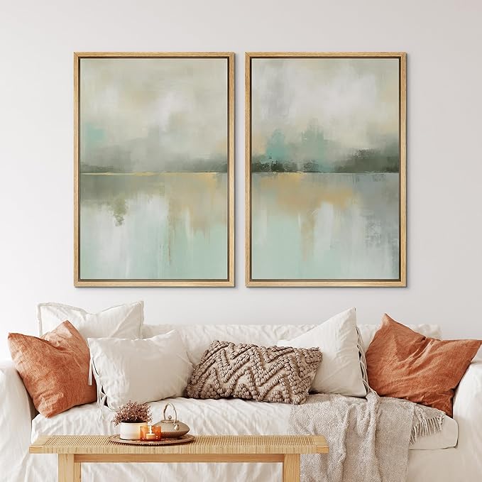 IDEA4WALL Framed Canvas Print Wall Art Set Golden Mist Lake Abstract Water Landscape Illustrations Modern Art Decorative Coastal Cottage Seascape for Bedroom - 24"x36"x2 Natural