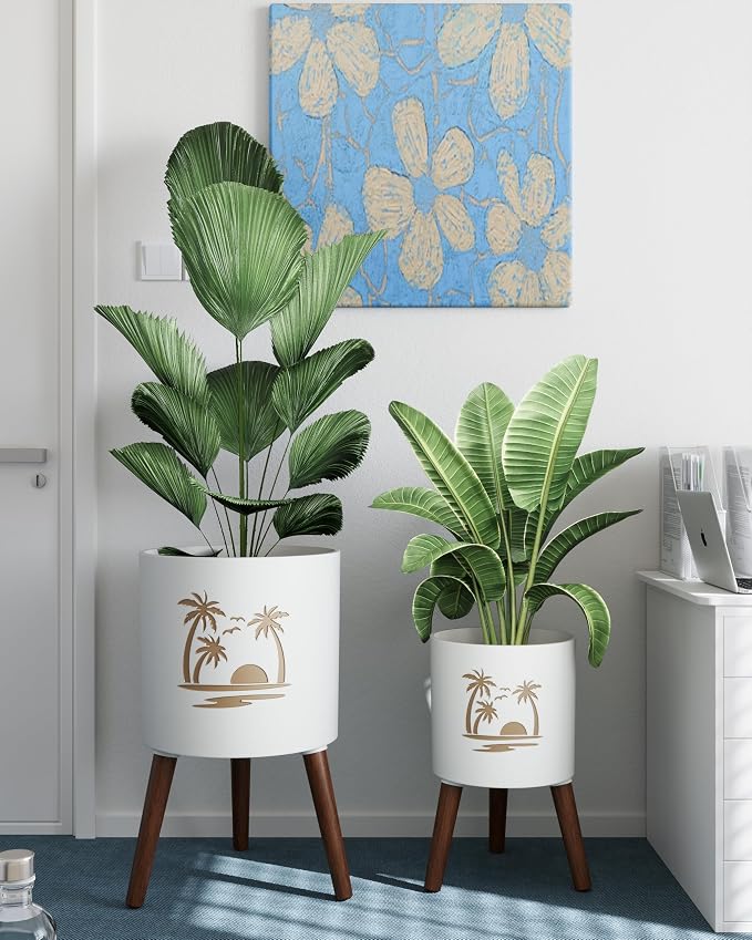 2 Set Plant Pot with Stand 10 & 12 inches – Large Indoor Pots for Plants with Solid Oak Wood Stand & Drainage, Palm，White ＆ Gold