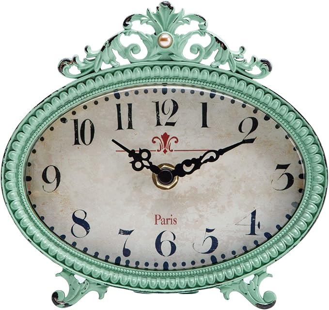 NIKKY HOME Vintage Table Clock, French Turquoise Color Rococo Style Desk Clock Battery Operated Rustic Design, Home Décor for Living Room, Bedroom, Bedside, Desk, Gift Clock